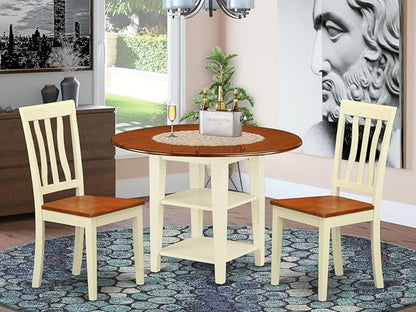 East West Furniture SUAN3-BMK-W 3 Piece Dining Room Table Set Contains a Round Dining Table with Dropleaf & Shelves and 2 Wood Seat Chairs, 42x42 Inch, Buttermilk & Cherry
