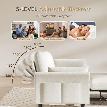 Vipbear 3-in-1 Chenille Convertible Sofa Bed, Pull Out Sleeper Sofa with Reclining Backrest & Side Pocket, Tool-Free Assembly, Folding Loveseat for Living Room, Apartment, White