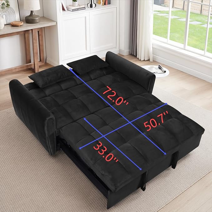 Ball & Cast 65" 3 in 1 Large Sleeper Sofa Bed,Velvet Upholstered Pull Out Couch with Adjustable Backrest&2 Pillows,Convertible Futon Sofa-Bed W/Side Pocket,Loveseat Chaise Lounge for Living Room,Black