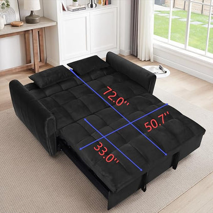 Ball & Cast 65" 3 in 1 Large Sleeper Sofa Bed,Velvet Upholstered Pull Out Couch with Adjustable Backrest&2 Pillows,Convertible Futon Sofa-Bed W/Side Pocket,Loveseat Chaise Lounge for Living Room,Black