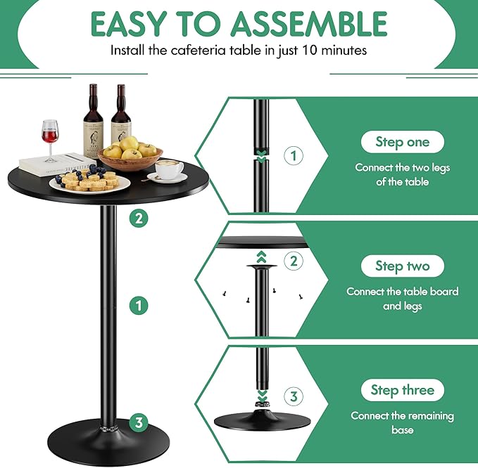 Shahoo Round Bar Table, Cocktail Tables with Metal Base & MDF Top, for Bistro Pub, Cafe, Set of 2, Black