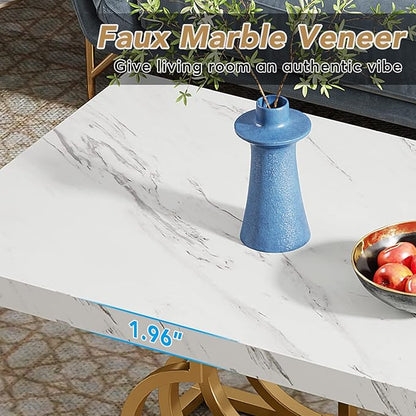 Tribesigns Modern Coffee Table, 47 Inch Faux Marble Cocktail Table with Geometric Frame, Rectangular Center Table Tea Table Accent Furniture for Living Room, Simple Assembly (White/Gold)
