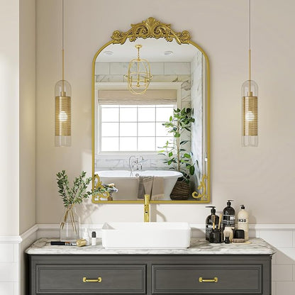 26x38 inch Vintage Arched Bathroom Mirror - Gorgeous Wall Vanity Mirror with Beautiful Retro Top and Bottom Engraving Process Frame for Entryway Hallway Living Room, Gold
