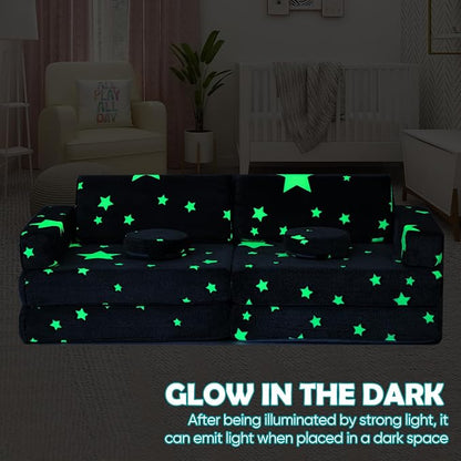 10Pcs Kids Play Couch,Toddler Sofa,Modular Kids Couch for Playing, Creativing, Sleeping (Luminous Color)