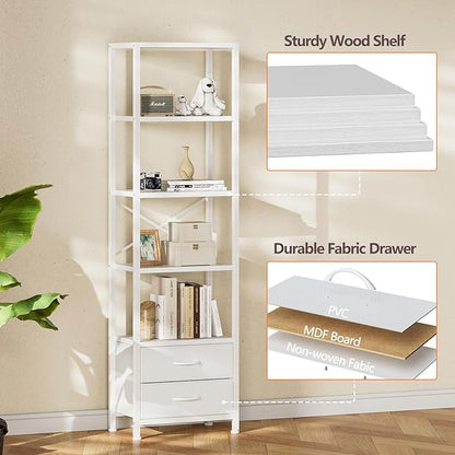 Furnulem 5-Tier Corner Shelf, Narrow Bookshelf with 2 Storage Drawers, Tall Bookcase, Wood Display Standing Shelf Organizer Unit for Living Room, Bedroom, Metal Frame(White)