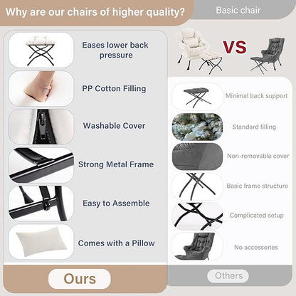 Lazy Chair with Ottoman, Comfy Fabric Accent Lounge Arm Chair with Lumbar Pillow and Folding Footrest, Reading Leisure Sofa Chair for Bedroom, Living Room, Dorm,Beige