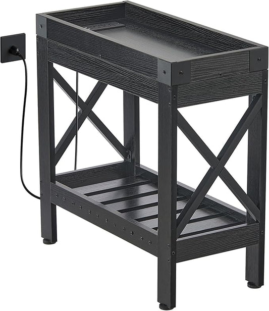 Narrow Side Table, Slim End Table with Charging Station for Small Spaces, with 2 USB and 2 Power Outlets, 21.7" L x 10" W x 21.7" H