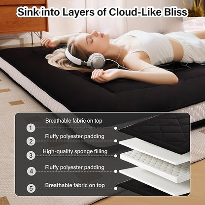Welnow Japanese Futon Floor Mattress, Thick Queen Size Tatami Mat Portable & Foldable Roll Up Floor Bed Mattress with Storage Bag, Sleeping Pad for Adults, Dorm, Guest Bed, Camping and Travel, Black