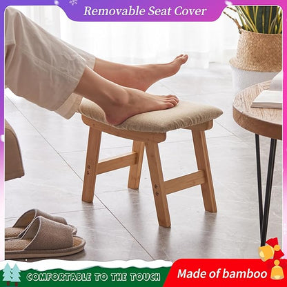 Foot Stool,Ottoman,Bamboo Small Sofa Foot Rest Under Desk,Extra Seating for Living Room, Bedroom and Kitchen (Natural Stool Legs - Beige Surface)