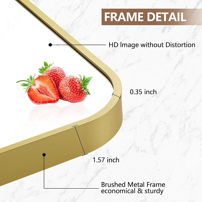 30x36 Inch Gold Mirror, Framed Rectangle Mirror with Rounded Corner, Brushed Brass Mirror, Gold Bathroom Mirror for Over Sink, Vanity, Living Room, Bedroom, Horizontal/Vertical