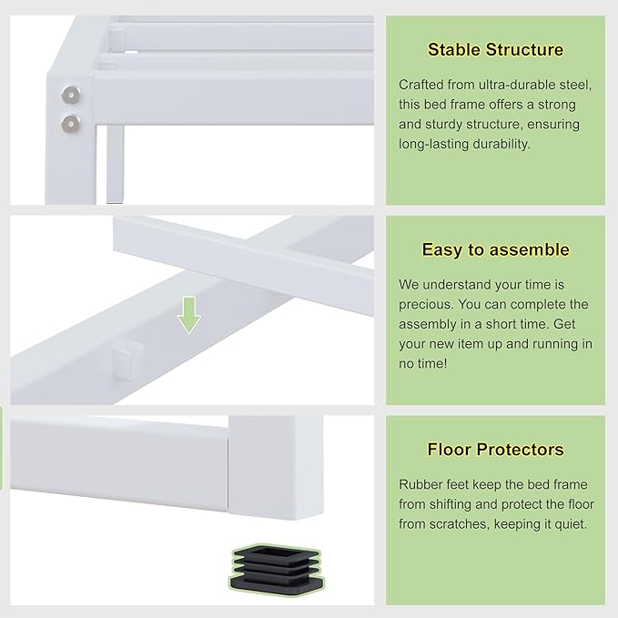 EMODA 12 Inch Twin XL Bed Frame, Metal Platform White Bed Frame No Box Spring Needed, Heavy Duty Steel Slats Support, Easy Assembly, Noise Free