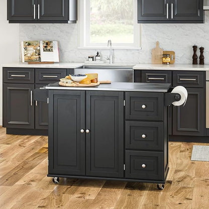 Homestyles Dolly Madison Black Mobile Kitchen Island Cart with Stainless Steel Top