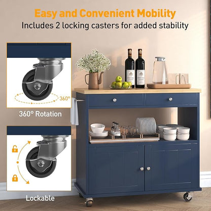 Rolling Kitchen Island with Storage Cabinet, 35.4'' Width Kitchen Cart, 2 Drawers Island Table, Portable Mobile Kitchen Island with Towel Rack, Wood Top and Lockable Wheels, Blue