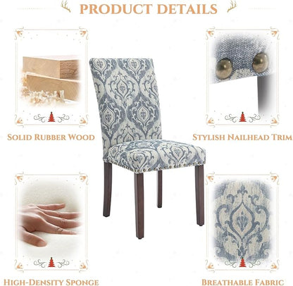 Parsons Dining Chairs Set of 2, Upholstered Nailhead Dining Room Kitchen Side Chair with Thick Cushions and Wood Legs, White/Blue