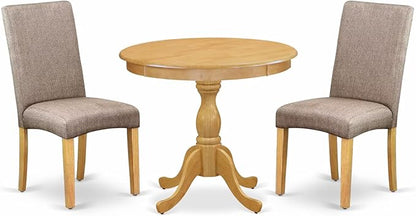 East West Furniture AMDR3-OAK-16 3 Piece Dining Room Table Set Contains a Round Kitchen Table with Pedestal and 2 Dark Khaki Linen Fabric Parsons Dining Chairs, 36x36 Inch, Oak