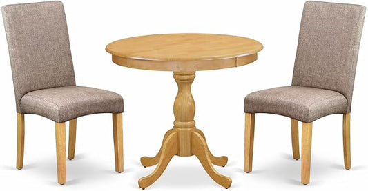 East West Furniture AMDR3-OAK-16 3 Piece Dining Room Table Set Contains a Round Kitchen Table with Pedestal and 2 Dark Khaki Linen Fabric Parsons Dining Chairs, 36x36 Inch, Oak