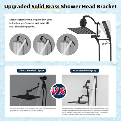Hibbent All Metal 10'' Filtered Rainfall Shower Head with Handheld Combo, High Pressure Shower Wand, 16'' Adjustable Extension Arm, 20 Stage Shower Filter, 71'' Hose, Shower Holder, Matte Black