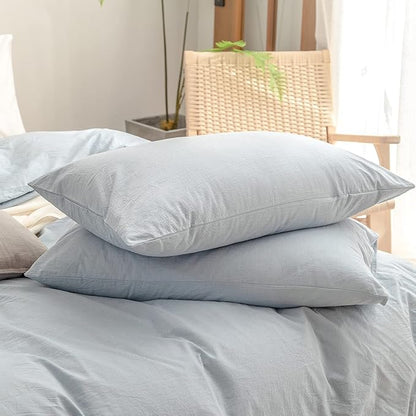 BESTOUCH Duvet Cover Set 100% Washed Cotton Linen Feel Super Soft Comfortable Chic Lightweight 3 PCs Home Bedding Set Solid Cornflower Blue Oversized Queen