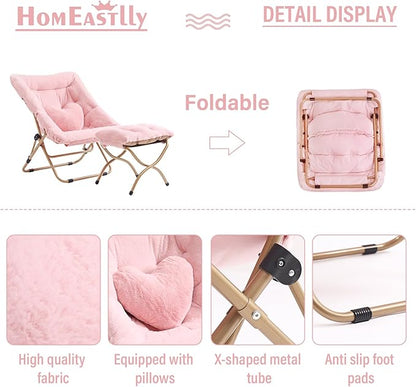 Comfy Saucer Chair with Ottoman, Oversized Folding Faux Fur Chair Soft Furry Lounge Lazy Chair with Metal Frame Moon Chair Accent Chair for Bedroom, Living Room, Dorm Rooms