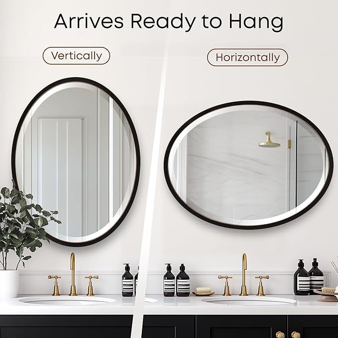 OVALCREST - Oval Wooden Beveled Wall Mirror for Home Decor, Bathroom, Vanity, Bedroom, Living Room, Hallway - London Style (Rubbed Black) 25.1 x 37.1