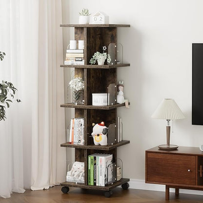 VECELO Rotating Bookshelf with Brake Wheels, 4 Tier Revolving Bookcase, 360° Corner Display Shelf for Kids, Narrow Rolling Bookshelves for Small Space, Corner, Bedroom, Office, Brown