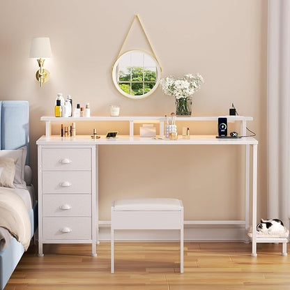 Furologee 55" White Computer Desk with 4 Fabric Drawers & Monitor Stand, Gaming Desk with Power Outlets - LED Lights, Home Office Space-Saving Study Table for Bedroom Small Spaces