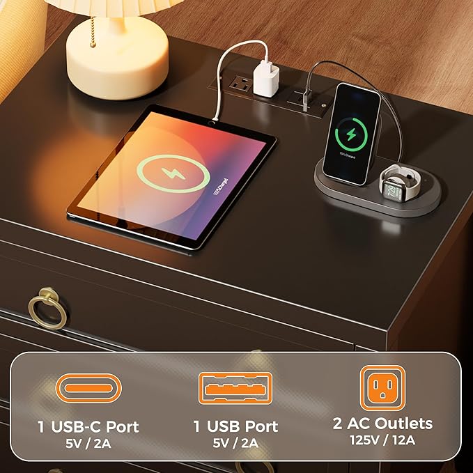 Huuger 23.6 Inch Night Stand with Charger Station and USB-C Port, 3 Drawer Nightstands Set of 2, Larger Wider Bedside Table, Modern End Table, for Bedroom, Black Nightstand