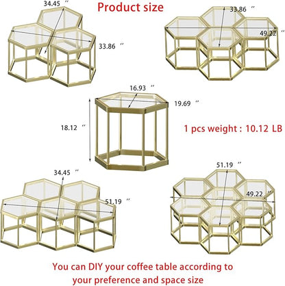 Gold Coffee Table Glass Modern Coffee Table, Hexagon Free Combination Glass Center Table Small End Tables with Metal Frame for Living Room Set of 1