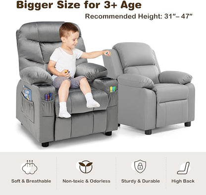 Costzon Kids Recliner Chair with Cup Holder, Adjustable Velvet Lounge Chair w/Footrest & Side Pockets for Children Boys Girls Room, Ergonomic Toddler Furniture Sofa Gifts, Kids Recliner (Gray)