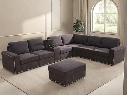 Sectional Couches for Living Room, Modular Sectional Sofa with Ottoman, Modern Nail-Head Design Large Corner L Shaped Couch with Cup Holder for Bedroom, Brown