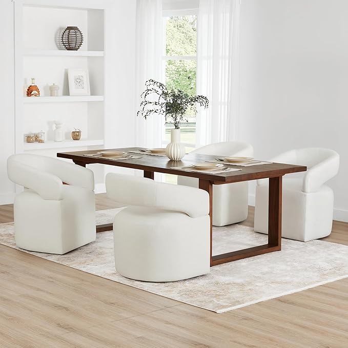 Upholstered Dining Chairs with Removable Casters Barrel Side Armchair with Rollers for Diningroom Bedroom Livingroom Reading Room, Ivory, 4PCS