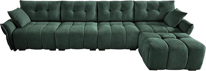 Modern Chenille Fabric 4-Seat Sofa w/Ottoman+2 Pillows, Premium Upholstery Living Room Couch with Tufted Backrest & Comfortable Armrests and High-Resilience Memory Foam Cushions,Green