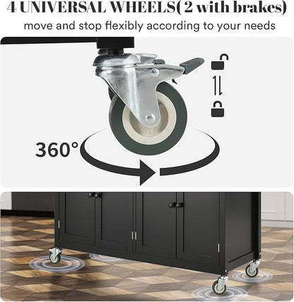 Rovibek Large Wood Island Table with Storage, 54 in Width, Portable Moveable Kitchen Island on Wheels, Black with Drawers Cabinet Spice Rack Towel Rack