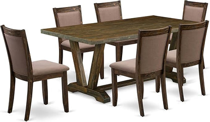 East West Furniture V777MZ748-7 7 Piece Modern Dining Table Set Consist of a Rectangle Wooden Table with V-Legs and 6 Coffee Linen Fabric Upholstered Chairs, 40x72 Inch, Multi-Color