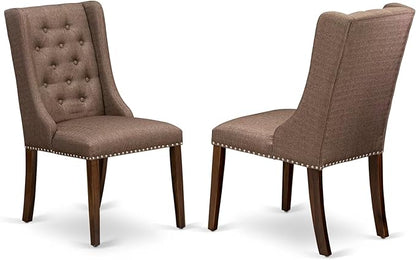 LEFO9-AWA-18-9-Piece Kitchen Table Set Includes a Breakfast Table and 8 Brown Linen Fabric Parson Chairs with Button Tufted Chair Back - Antique Walnut Finish.