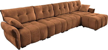 Modern Chenille Fabric 4-Seat Sofa w/Ottoman+2 Pillows, Premium Upholstery Living Room Couch with Tufted Backrest & Comfortable Armrests and High-Resilience Memory Foam Cushions,Orange