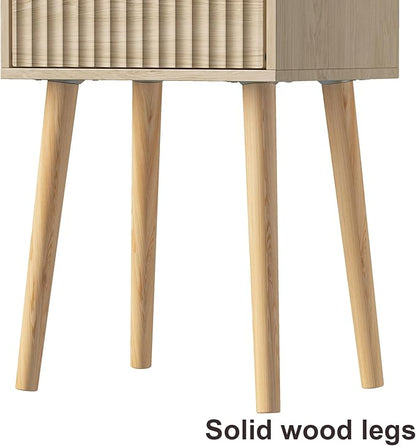 LAATOOREE Nightstand Set of 2, Small Bed Side Table with Fluted Door, End Table with Solid Wood Legs, Mid-Century Bedside Table for Bedroom Small Space