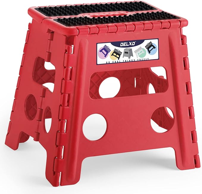 Delxo Folding Step Stool,Non-Slip Stool 13 inch Height Premium Heavy Duty Foldable Stool,Kitchen Garden Bathroom Steppingstool 1 Pack in Red,Dotted Texture