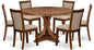 I7MZ7-50N-04 7-Pc Dining Set consists of a Pedestal Dining Table and 6 Light Tan Polyester Fabric Dining Chairs with Padded Back - Antique Walnut Finish