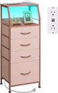 WLIVE 4 Drawer Dresser for Bedroom, 37" H Nightstand with Charging Station and Led Light, Tall Night Stand Bed Side Table, End Table with USB Ports and Outlets, Fabric Bins, Wood Shelf, Pink