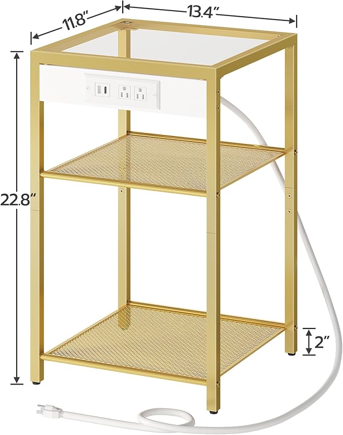 HOOBRO End Tables Set of 2 with Charging Station, Side Tables with USB Ports & Power Outlets, 3-Tier Slim Nightstands with Storage Shelves, Tempered Glass, for Living Room, Bedroom, Gold GD77UBZP201