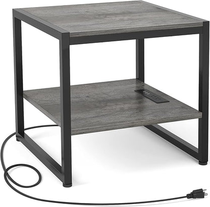 Homieasy End Table with Charging Station, 20 Inch Mini Fridge Stand with 2-Tier Open Shelf, Square Bedside Nightstand & Sofa Side Table for Living Room, Dorm, Office,Black Oak