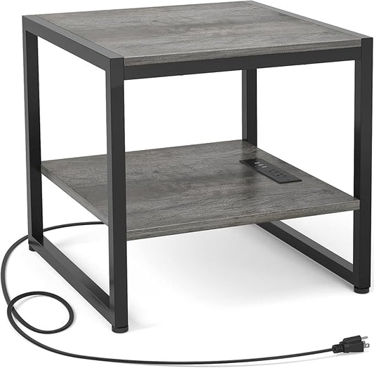 Homieasy End Table with Charging Station, 20 Inch Mini Fridge Stand with 2-Tier Open Shelf, Square Bedside Nightstand & Sofa Side Table for Living Room, Dorm, Office,Black Oak