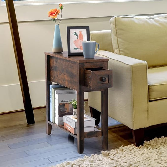 Brown Chairside Narrow End Table, Solid Wood Recliner Side Table with Drawer, Slim Nightstand Bedside Table for Living Room Bedroom