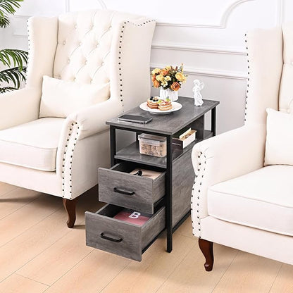 Side Table, Gray End Tables with Charging Station, Narrow End Table with Wooden Drawers, USB Ports and Power Outlets, Nightstand and Bedside Table, Side Table Living Room, Bedroom