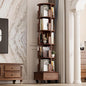 Solid Wood Rotating Bookshelf Tower on Wheels, 5-Tier Spinning Bookcase with Drawer, 72" Floor Standing Revolving Bookshelf, Rotating Bookcase for Small Space, Walnut