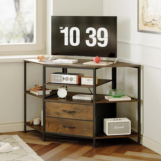 Corner TV Stand for 55 Inch TV, Farmhouse Entertainment Center with 2 Drawers Storage, Corner TV Console with Power Outlet, Retro Brown Media Console for Living Room, Brown