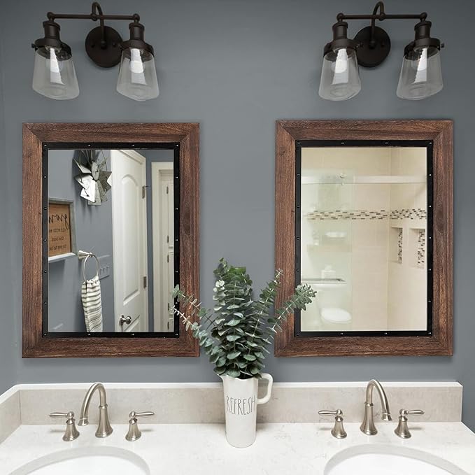 YOSHOOT Rustic Wooden Framed Wall Mirror, Natural Wood and Iron Bathroom Vanity Mirror for Farmhouse Decor, Vertical or Horizontal Hanging, 53" x 28", Brown