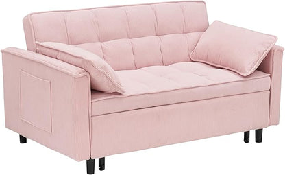 Ball & Cast Convertible Sofa Bed,Loveseat Sleeper Sofa W/Pull-Out Bed,Convertible Pull Out Couch W/2 Pillows,Adjustable Backrest&Side Pocket,Corduroy Futon Couches for Living Room,Apartment,Pink,54"