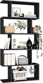 Yusong Bookshelf 5-Tier, Geometric Bookcase S Shaped Book Shelves for Bedroom, Modern Wood Decorative Display Shelf Book Case for Home Office, Black